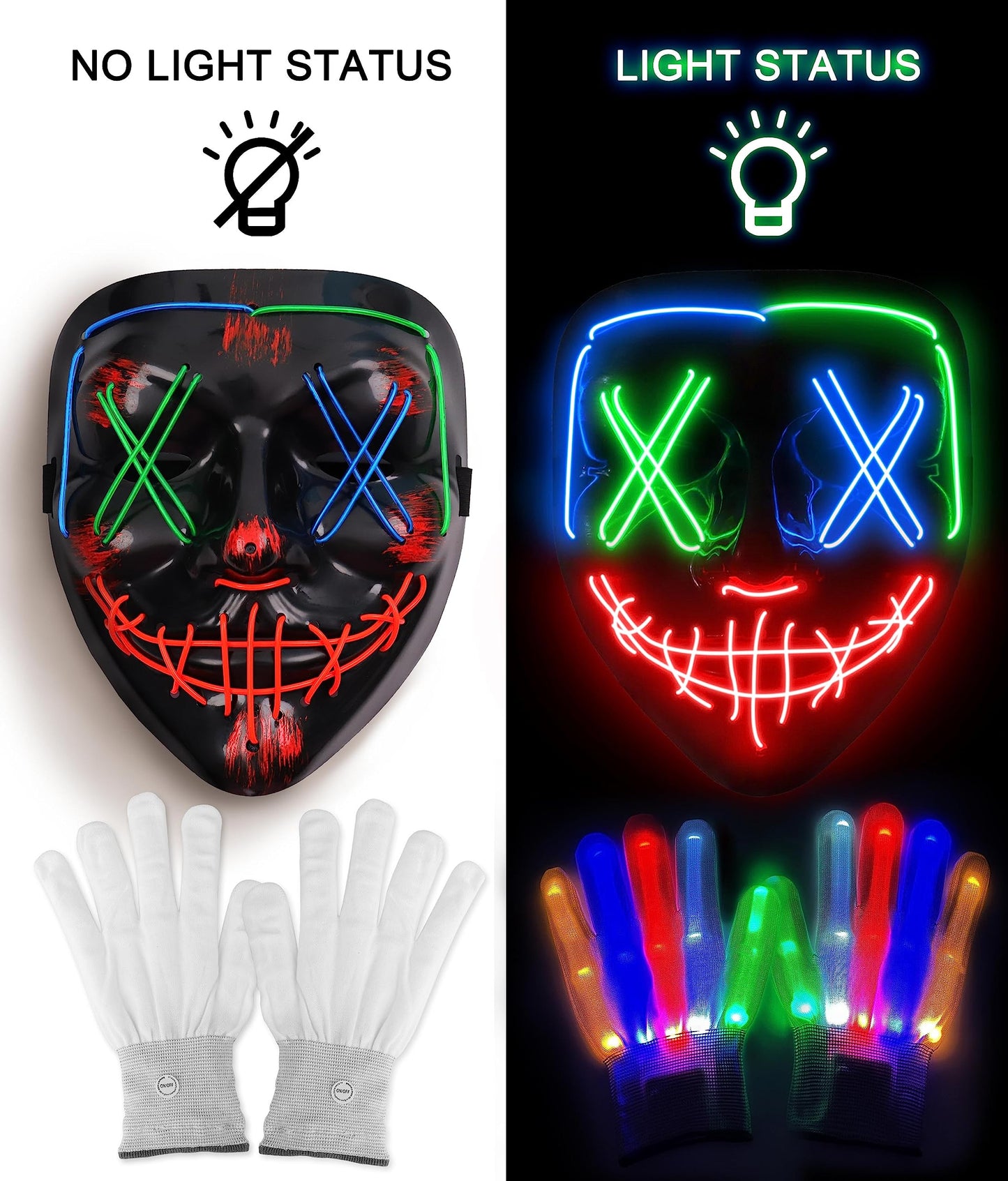 Halloween Mask Skeleton Gloves Set, Light Up Scary LED Mask with Glow Gloves, Halloween Costumes for Boys Girls, Redbluegreen