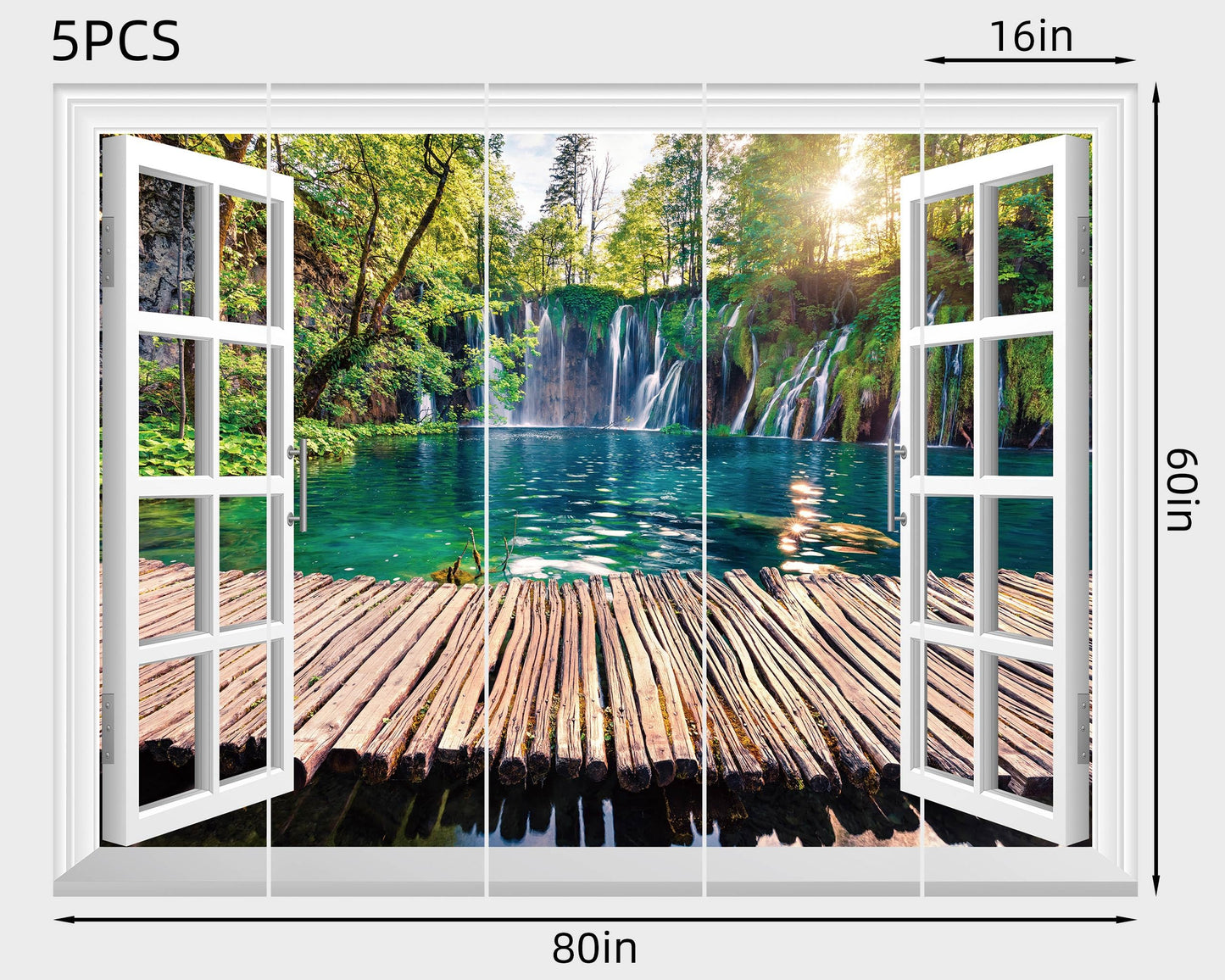 FLFK Fake Window Wall Mural - Waterfalls in The Jungle Faux Window Wall Sticker for Wall Decor, Stick and Peel Wall Decals,80"x60",Set of 5 Sheets