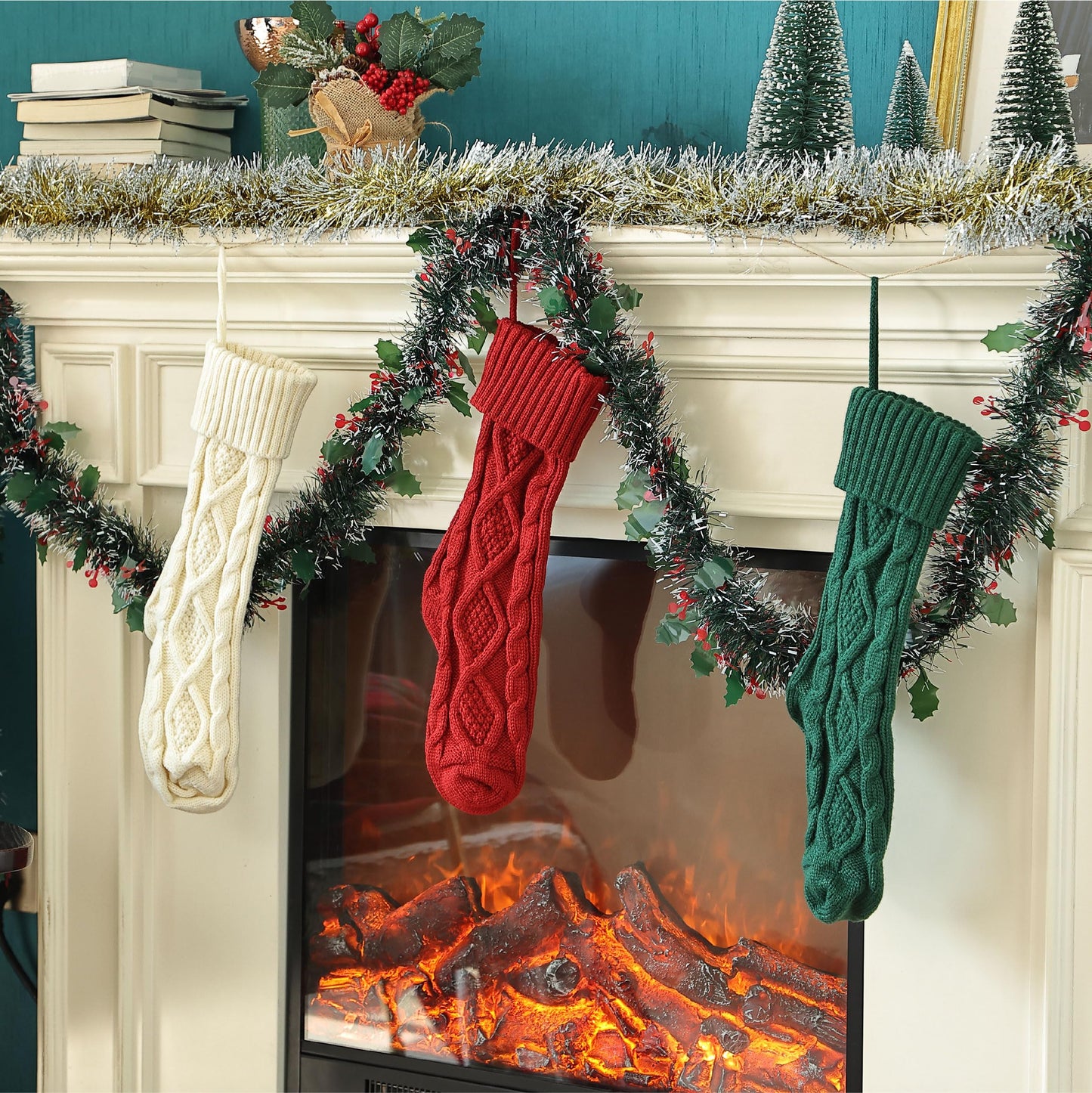 Mr. Pen- Christmas Stockings 6 Pack, 18" Cable Knit Stockings for Christmas, Cable Knit Christmas Stocking for Christmas, Large Stockings Christmas 6 pack, Knit Stockings Christmas, Red, Cream & Green