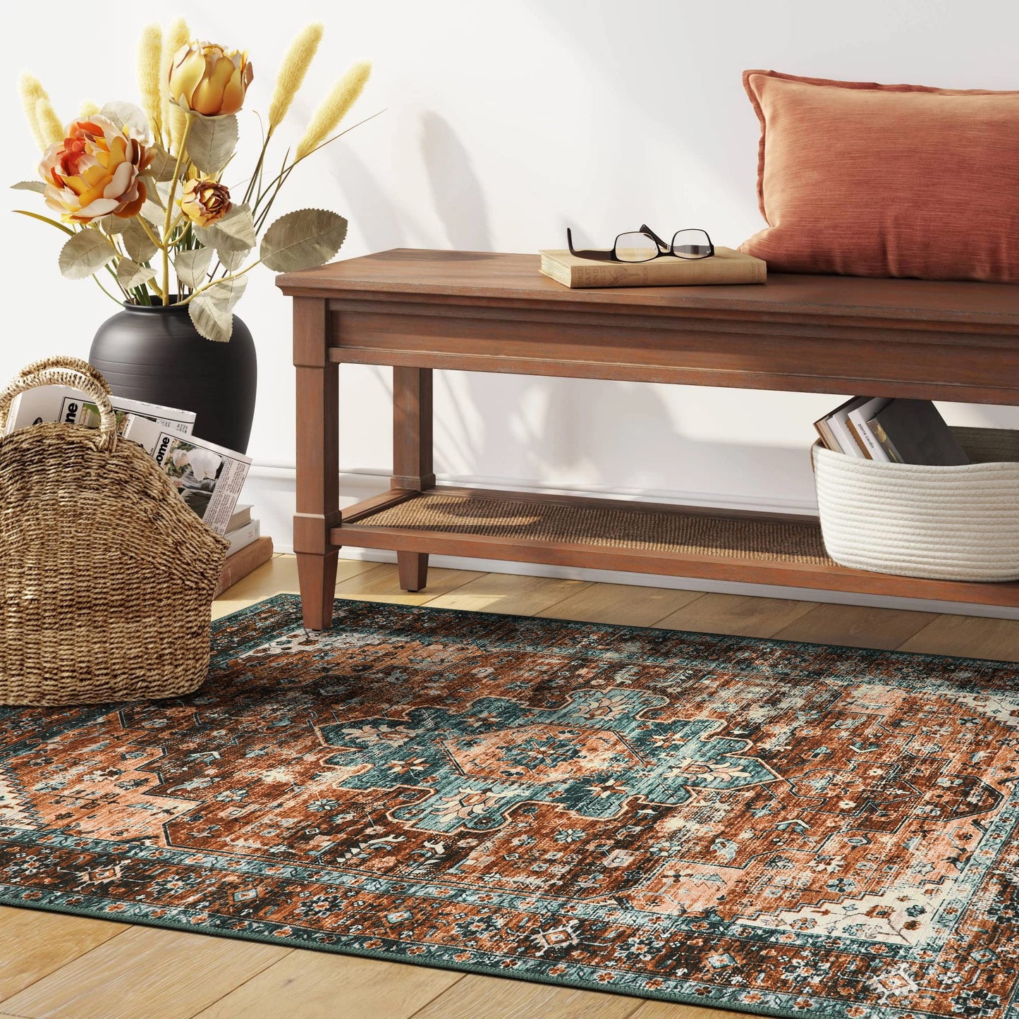 Moynesa Ultra-Thin Washable Vintage Area Rug - 3x5 Boho Non-Slip Entryway Rug Oriental Medallion Living Room Rug Entrance Mat Carpet for Kitchen Laundry Bathroom Bedroom, Brick Red/Dull Teal