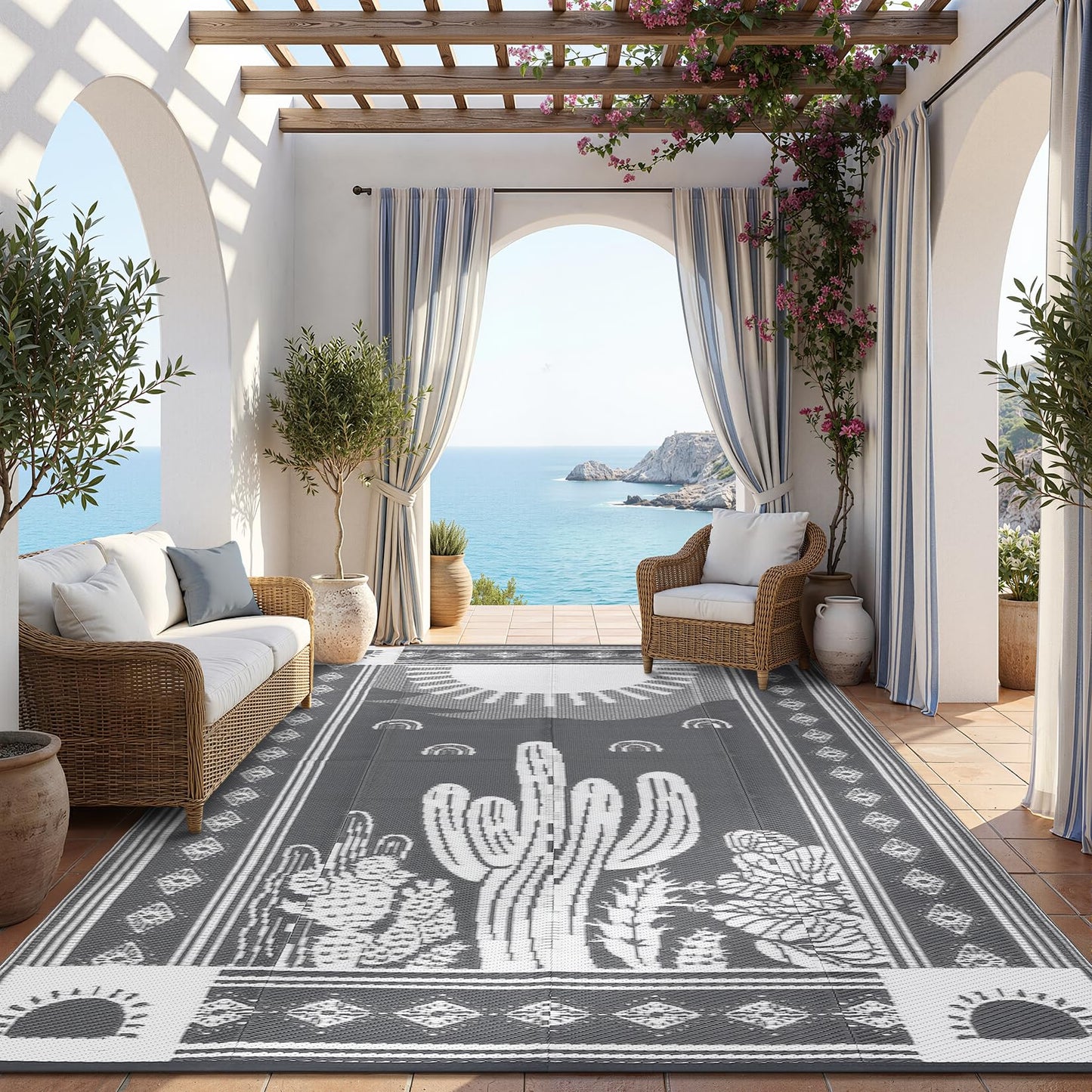 Garvee Waterproof Outdoor Rug 5x8, Cactus Botanical Outdoor Plastic Straw Rug for Camping, Reversible RV Mat Outside, Indoor Outdoor Carpet for Porch, Deck, Backyard, Balcony, Picnic, Grey