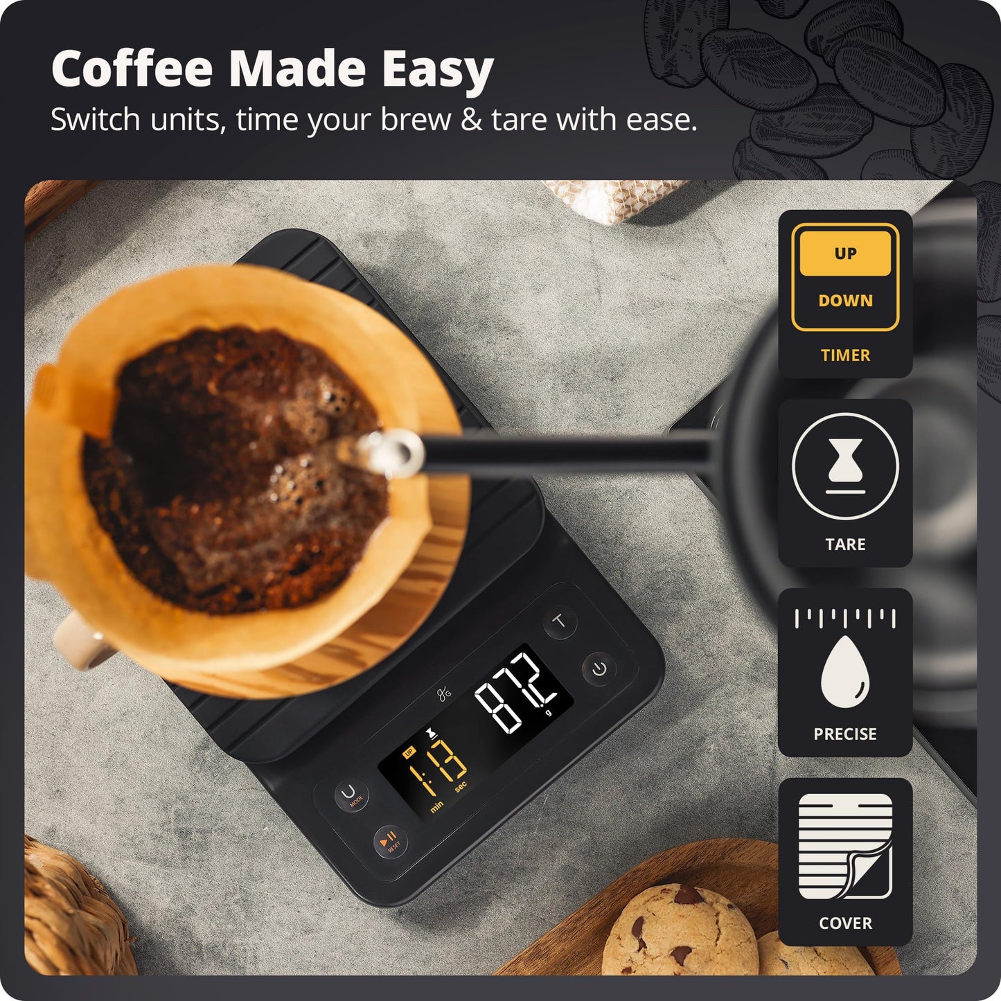 Greater Goods 0.1g Precision Coffee Scale with Timer โ 3kg Digital Scale for Pour-Over, Espresso, French Press, Kitchen Use (Onyx Black)