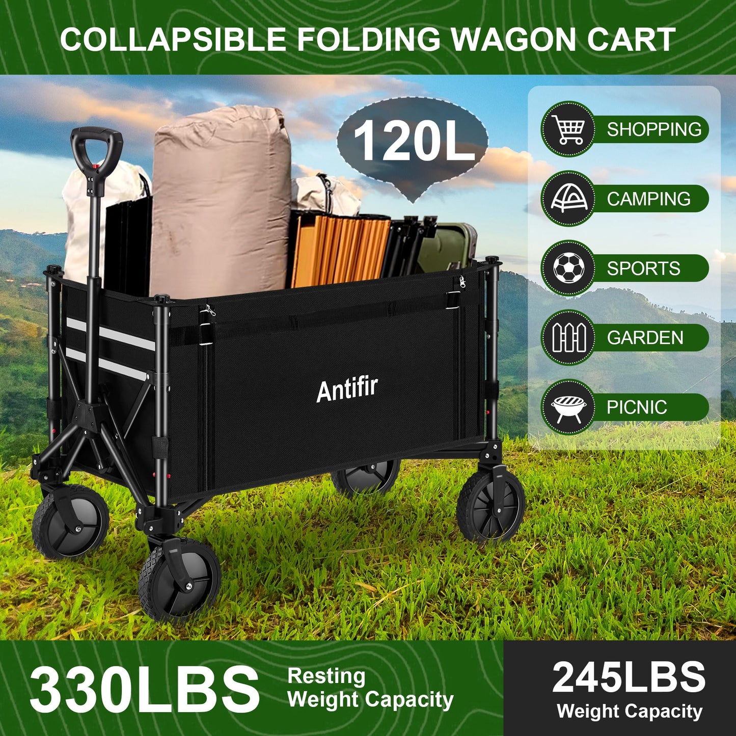 Antifir Collapsible Wagon Carts,Folding Wagon Cart with All Terrain Wheels,Heavy Duty Garden Carts with Adjustable Handle,Outdoor Utility Wagon for Camping Shopping Sports Fishing (Black)