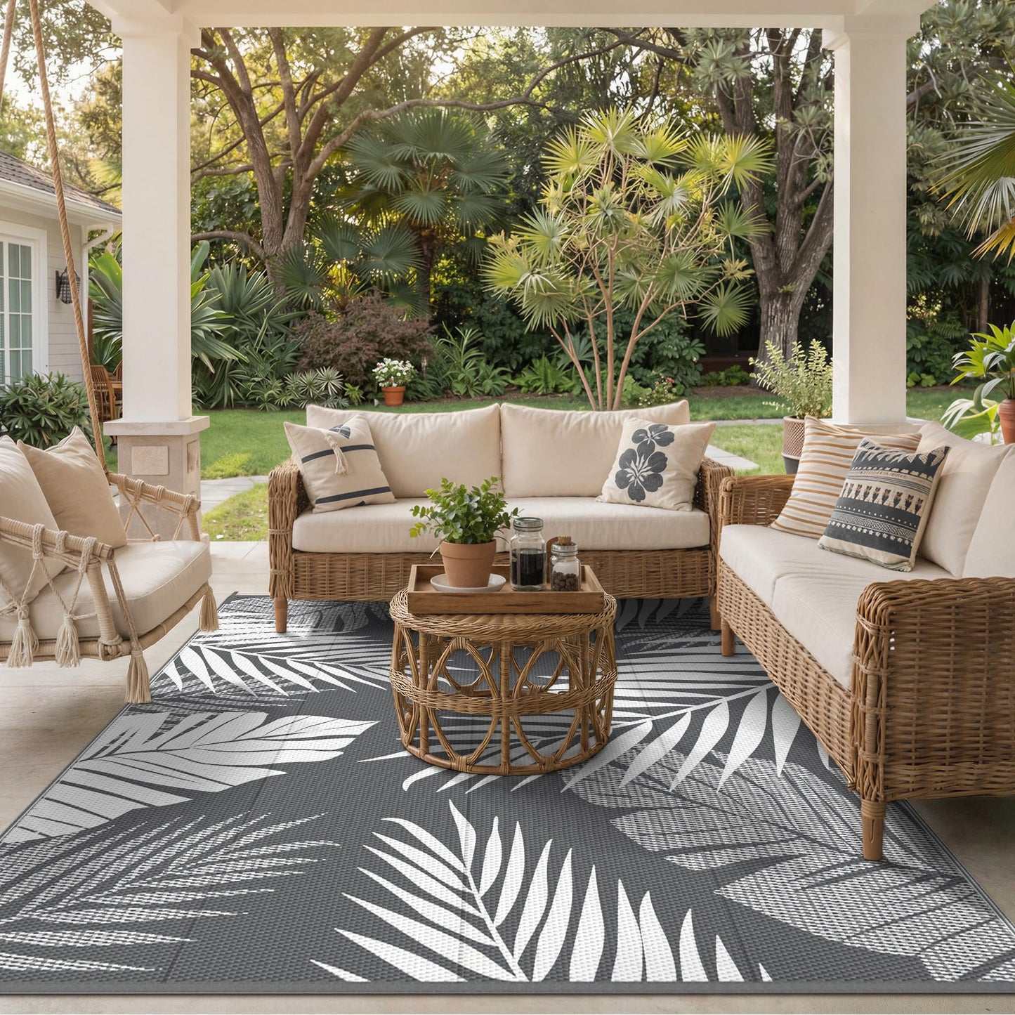 GENIMO Outdoor Rug 8' x 10' Waterproof for Patios Clearance, Reversible Plastic Straw Camping Rug Carpet, Large Area Rugs Mats for RV, Picnic, Backyard, Deck, Balcony, Porch, Beach, Grey&White