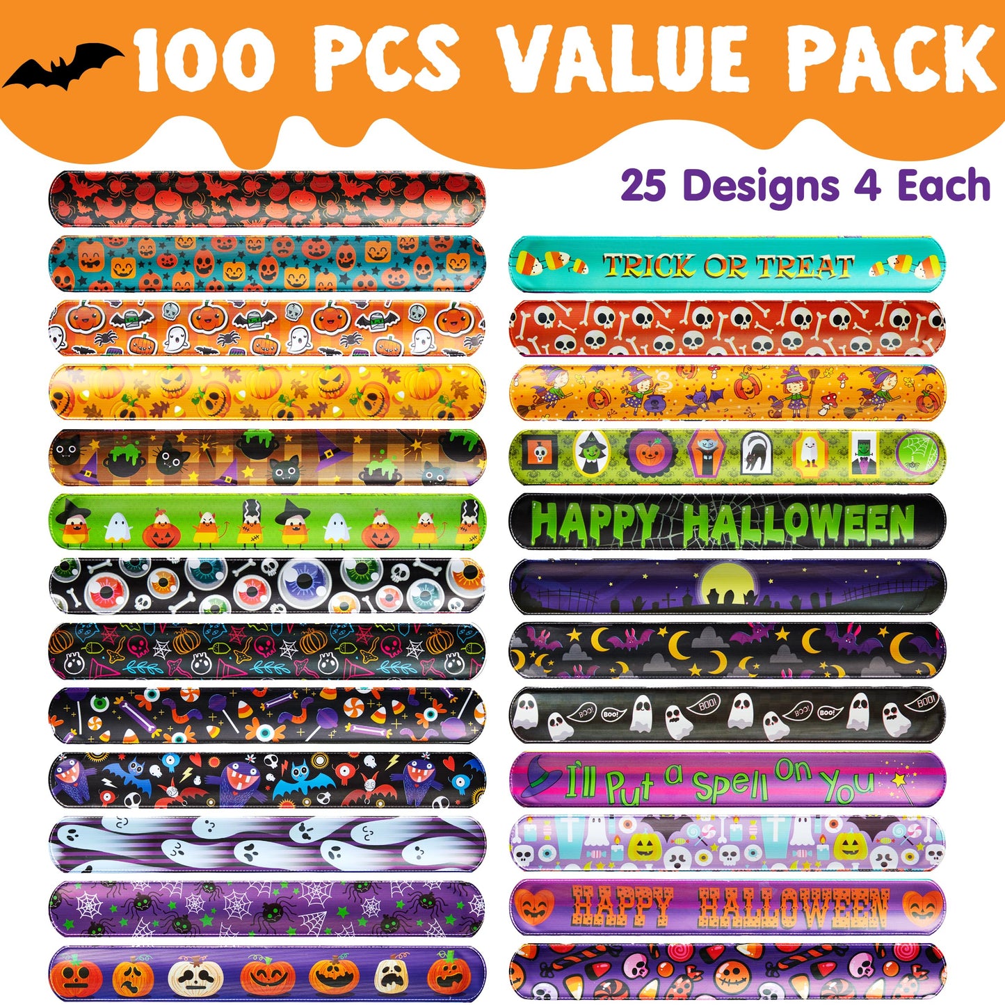JOYIN 100 PCS Halloween Slap Bracelets for Kids, Halloween Bracelets Bulk for Girls Boys Gifts, Friendship Bracelets Snap Bracelets for Halloween Party Favors Goodie Bag Fillers