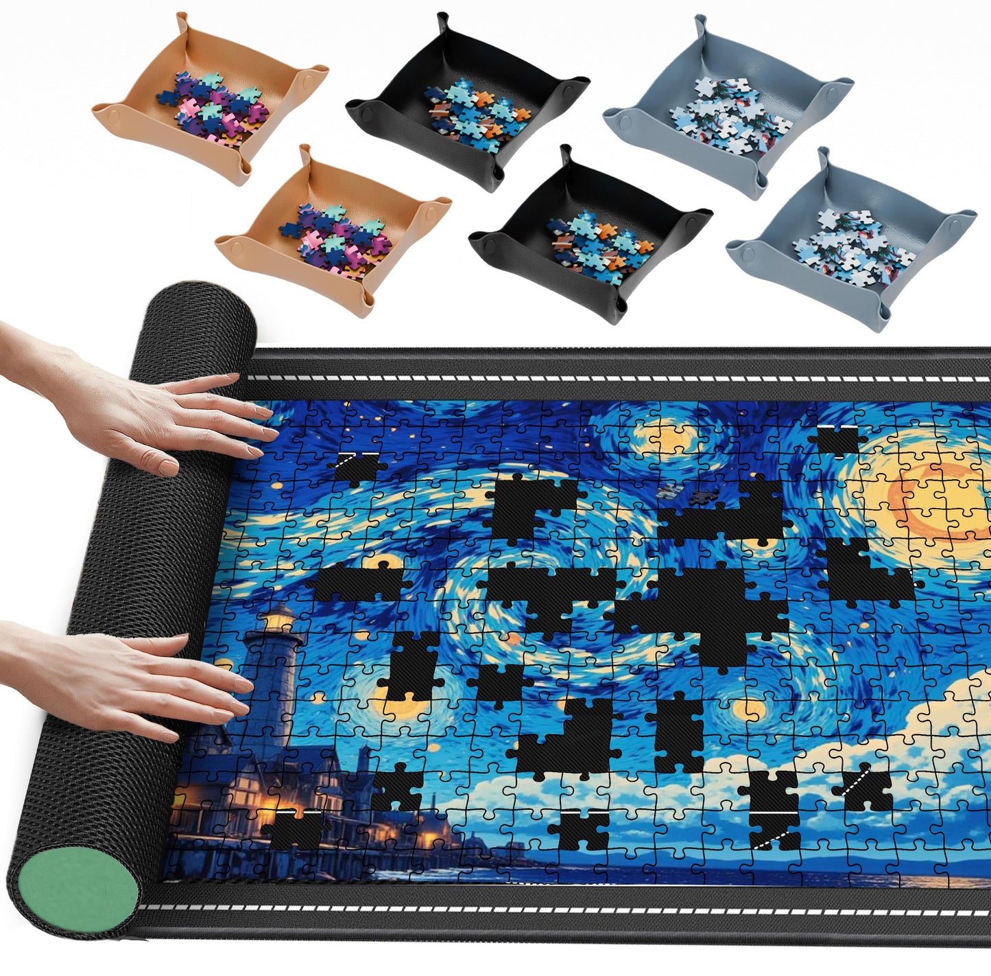 Lwoeo Jigsaw Puzzle Mat Roll Up 2000 Pieces, Black 48” x 31” Smooth Top Saver Pad, Large Rubber Puzzel Matt Rollup with 6 Sorting Trays & Travel Storage Bag for Sorting Table, Board, Puzzles Mats