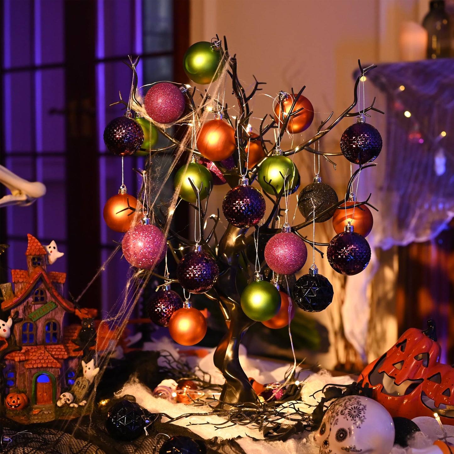 Valery Madelyn Christmas Tree Decorations Ornament Set for Fall Halloween, 50ct 2 Inches Orange Purple Black Shatterproof Christmas Ball Ornaments Hanging Xmas Holiday Party Decor