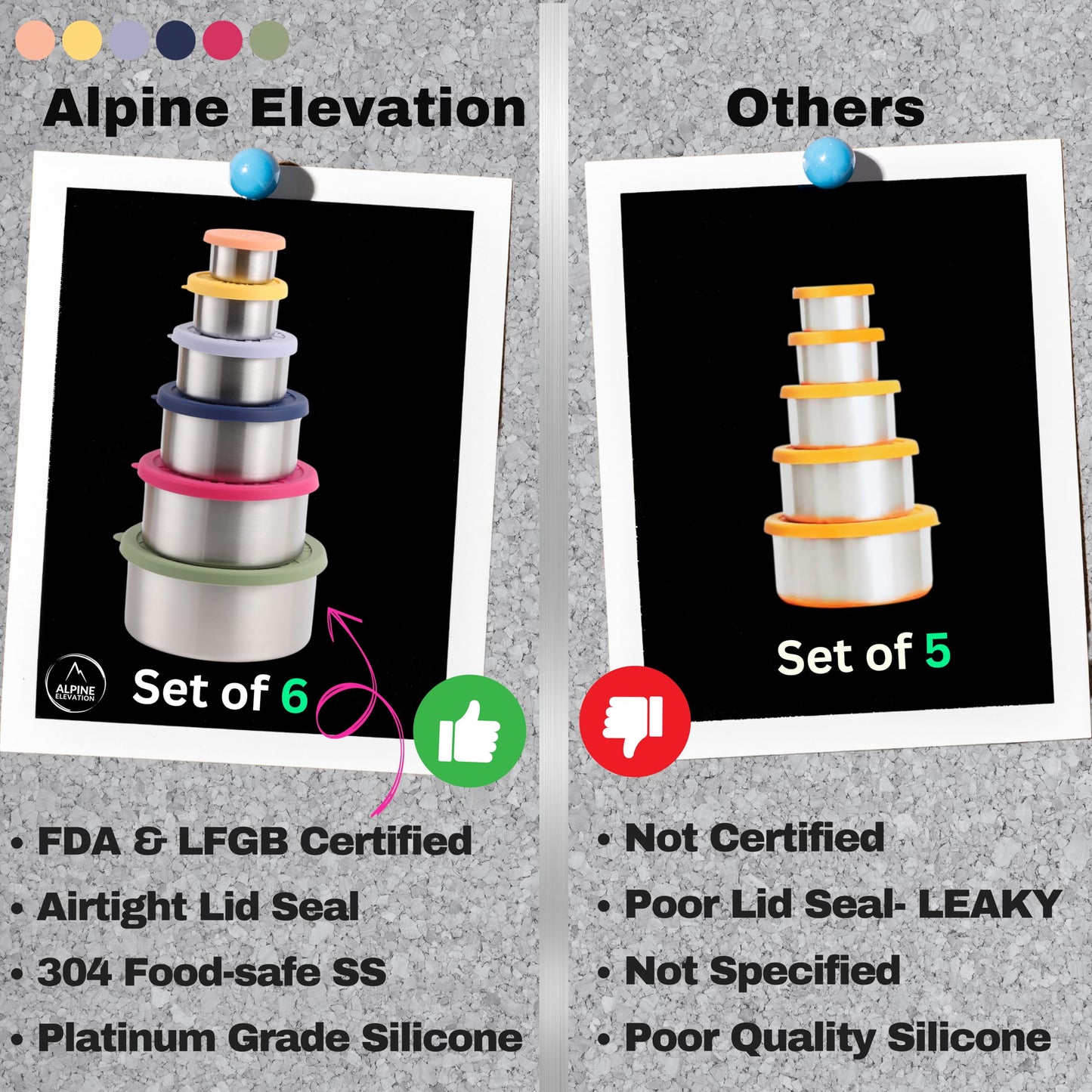 Alpine Elevation 12 Pcs - 6 Stainless Steel Containers + 6 Silicone Lids | 304 Stainless Steel Snack Container | Nesting Snack and Dip Containers | Metal Food Storage