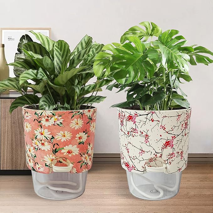 2 pcs Self Watering Plant Pots - 4.8 in Plastic Planter with Drainage Holes, Indoor Outdoor Flower Pots for African Violet, Succulents, Herbs, Cactus, Basil, Flower Printed