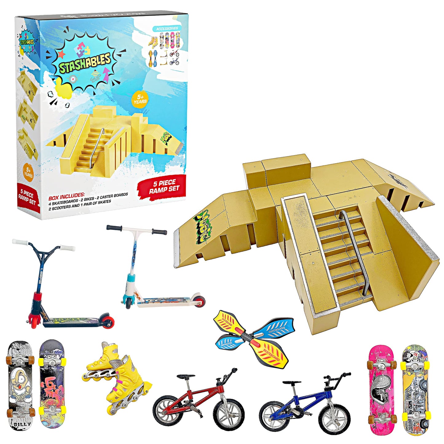 STASHABLES Finger Skateboard Ramp Set – Finger Skatepark Kit 16 Pieces – Skate Park Kit Including mini Skateboards, Ramps, Scooters, Skates, Bikes and Caster Boards – Fingerboard Skate Set