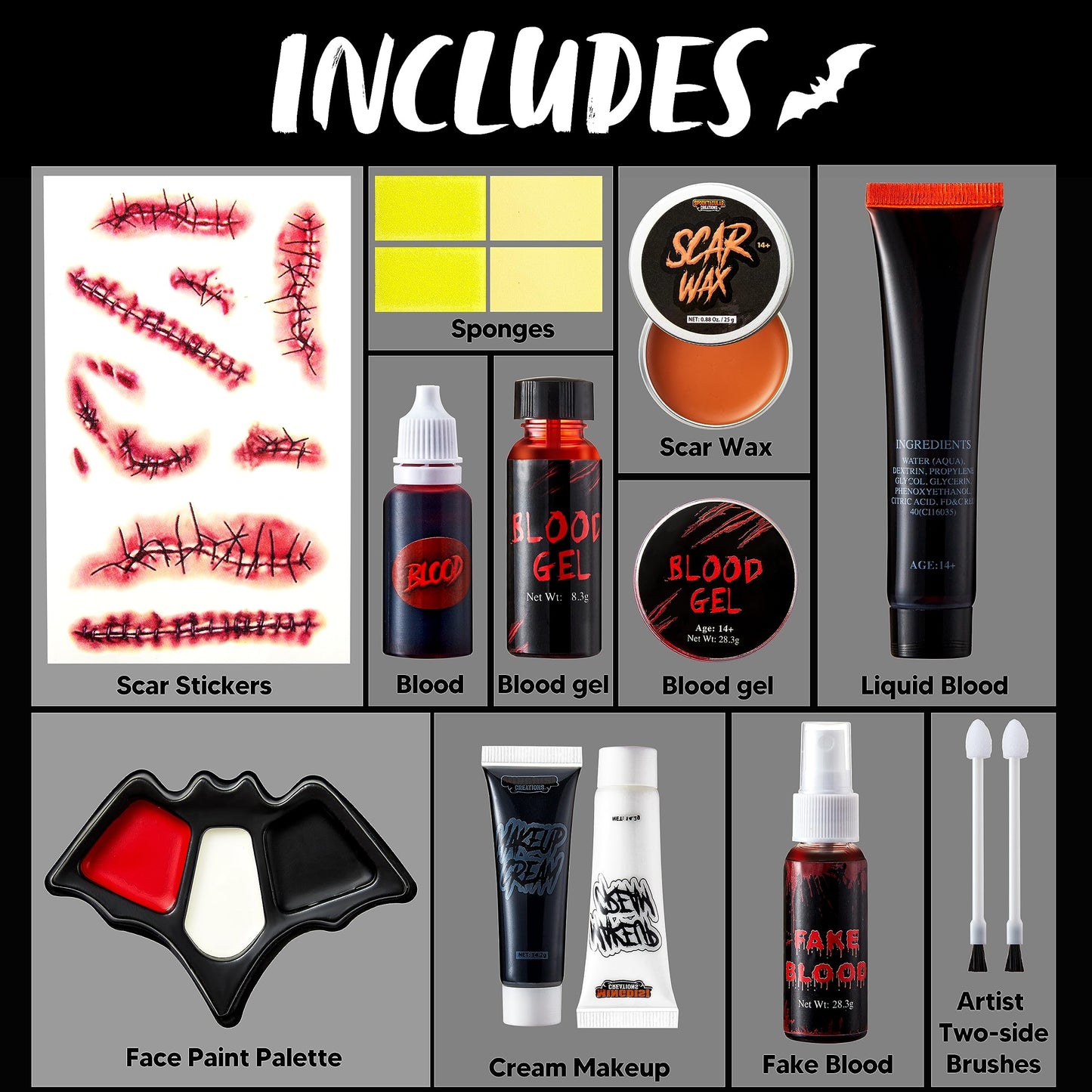 Spooktacular Creations 16 Pcs Halloween Family Makeup Kit Face Body Paint with Liquid Blood Gel, Fake Blood and More Easy On Makeup Set for Zombie Costume Cosplay Halloween Party Supplies