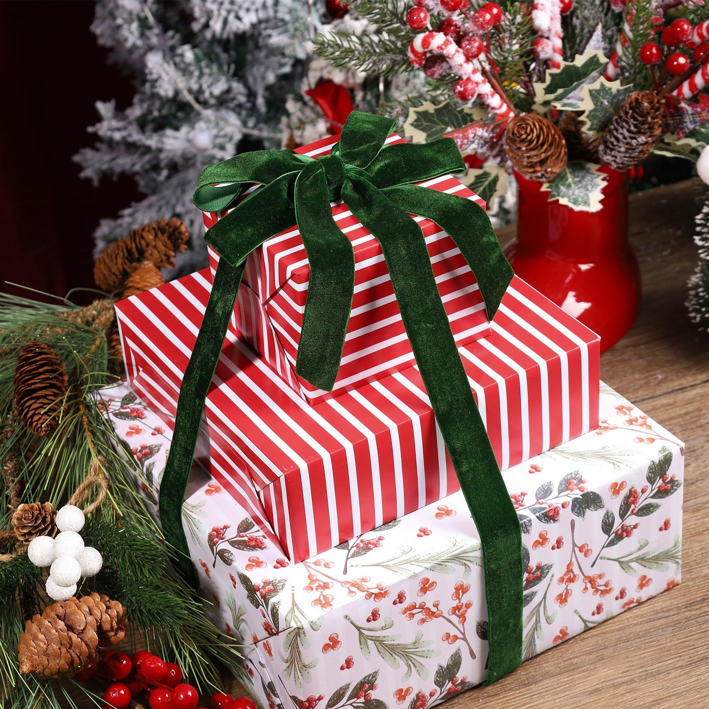 LaRibbons Reversible Christmas Wrapping Paper Roll, Vintage Red Berries & Red Stripe Gift Wrap for Christmas, Season Party, Xmas, 17 Inch x 33 Feet