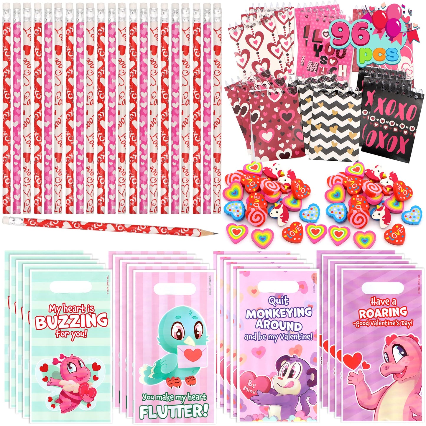 JOYIN 24packs Valentines Day Stationery Gifts, 96pcs Party Favor with Pencil, Erasers, Notebook & Bags for Kids School Classroom Exchange Supplies