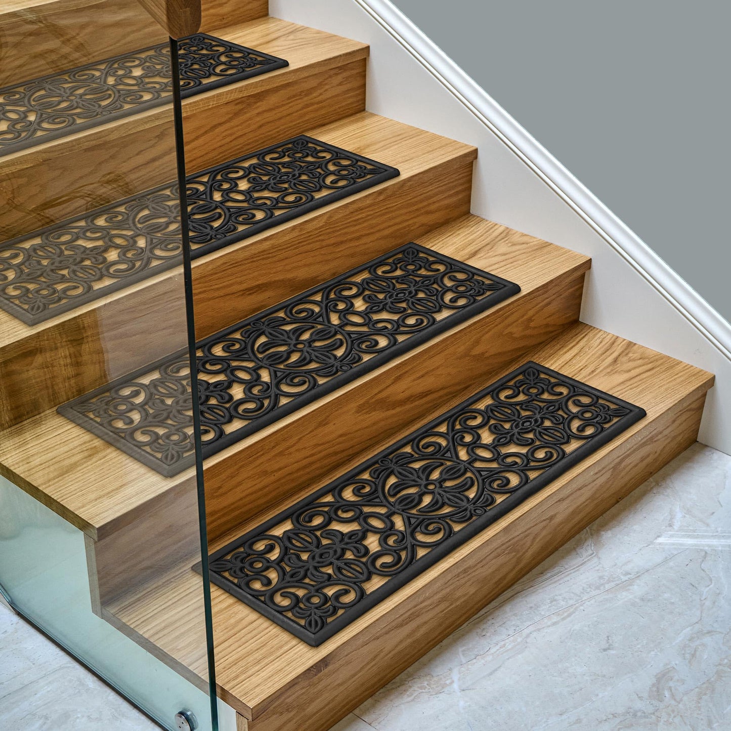 Ottomanson Outdoor Rubber Stair Treads – Scroll Classic Heavy-Duty Non-Slip Stair Mats – Best Grip on Concrete, Brick & Textured Step – Fastening Recommended for Wooden & RV Steps, Pack of 5
