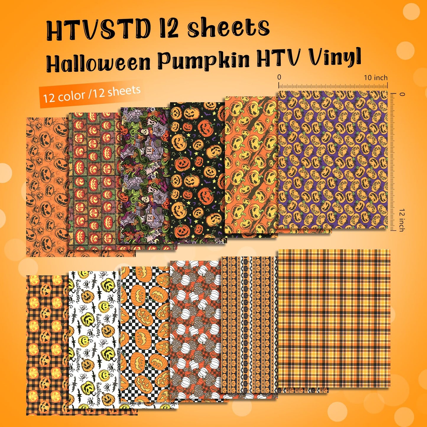 HTVSTD Halloween Pumpkin HTV Vinyl - 12 Sheets (12'' x 10'') Pumpkin HTV Heat Transfer Vinyl Patterned Iron On Vinyl for T-Shirts