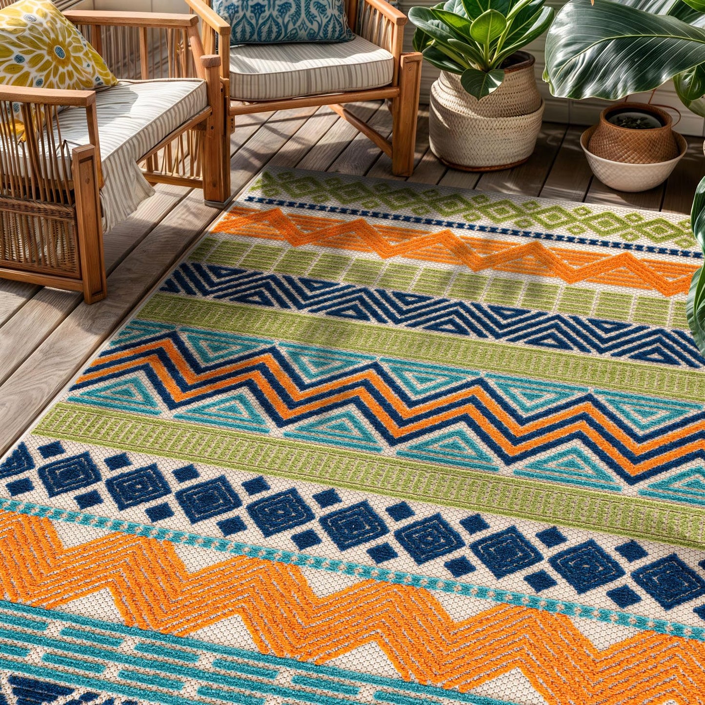 Rugshop Marbella Contemporary Boho Non-Shedding Outdoor Rug for Patio Deck Backyard Indoor/Outdoor Area Rug 5' x 7' Multi