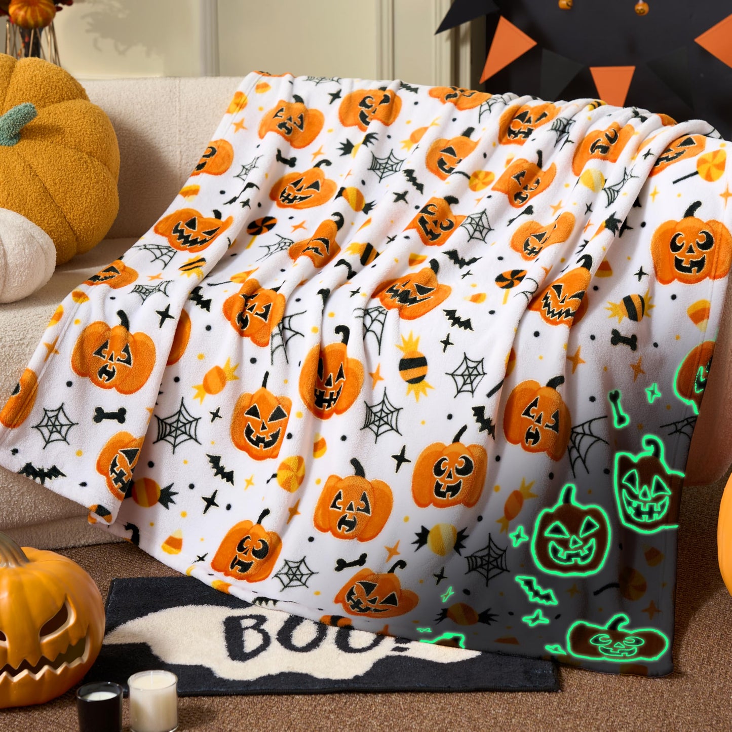 Joiedomi Halloween Blanket Soft Flannel Fleece Throw Blanket Glow in The Dark Halloween Pumpkin for Kids Bed Living Room Gifts 50"×60"
