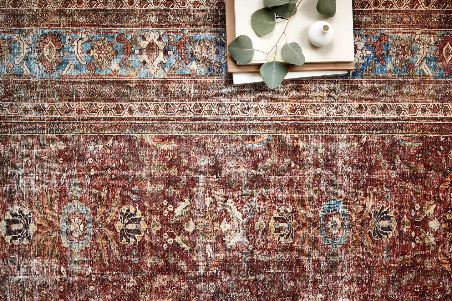 Loloi Layla Collection LAY-01 Brick/Blue 7'-6" x 9'-6" .13" Thick Area Rug, Soft, Durable, Vintage Inspired, Distressed, Low Pile, Non-Shedding, Easy Clean, Printed, Living Room Rug