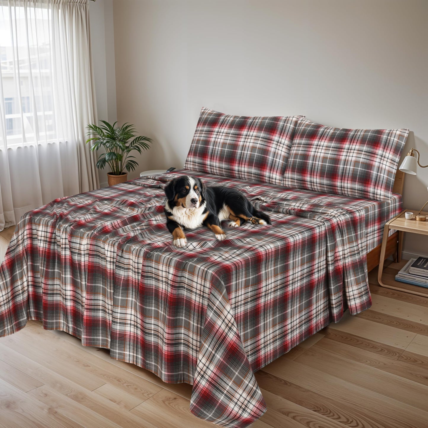RUVANTI Flannel Sheets King Size - 100% Cotton Brushed King Size Sheets Set - Deep Pockets 16 Inches Bed Sheets - All Seasons Breathable & Extra Soft - Warm & Cozy, 4 Piece, Halloween Check