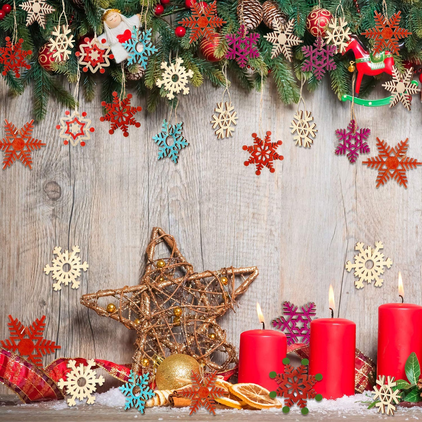 100 Pcs Christmas Unfinished Wooden Snowflake Ornaments Snowflake Hanging Cutouts Blank Wood Slices with Cord Craft Embellishments for Xmas Tree Decorations