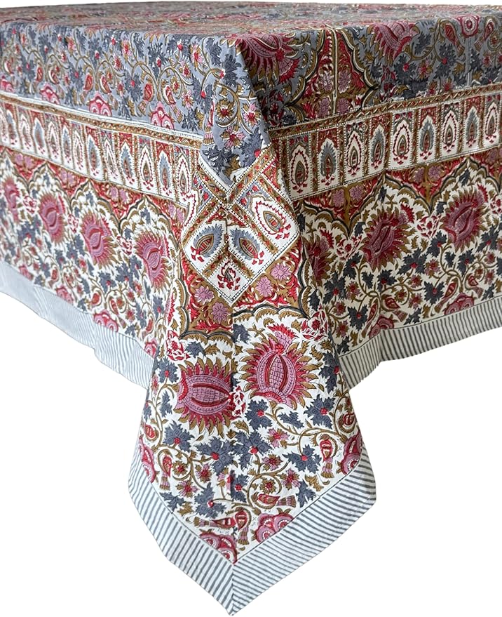 ATOSII Bella 100% Cotton Rectangle Summer Tablecloth, Indian Block Print Floral Table Cloth I Dining Parties Weddings Outdoors Holidays 60 X 90 Inches, 6 Seater I Grandmillennial Farmhouse Boho