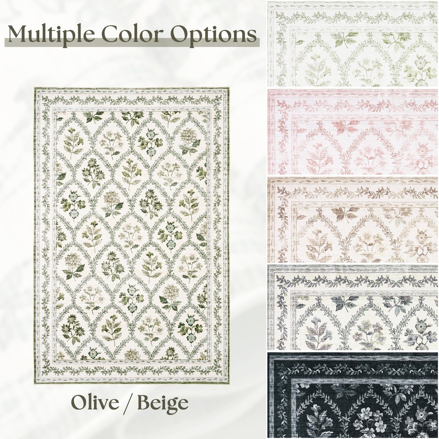 Green Floral Living Room Rug 5x8 Olive Green and Beige Area Rug Washable Bedroom, Low-Pile Soft Dining Room Farmhouse Boho Cottage Aesthetic Vintage Floor Covering Print Playroom Carpet