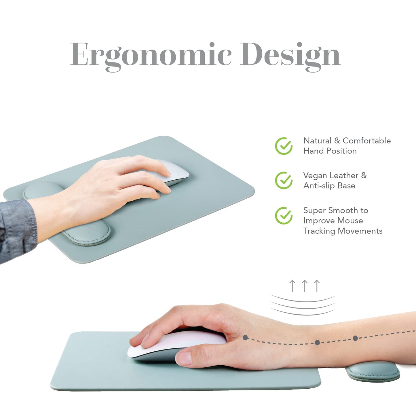 HABITU Vegan Leather Sage Green Mouse Pad with Removable Magnetic Wrist Support & Anti-Slip Base, Ergonomic Mouse Pad with Wrist Rest, Cute Office Desk Accessories for Women and Men