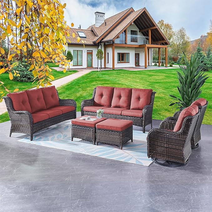 Rilyson Wicker Patio Furniture Set - 6 Piece Rattan Outdoor Sectional Conversation Sets with 2 Rocking Swivel Chairs,2 Ottomans and 2 Sofa for Porch Deck Garden(Brown/Red)