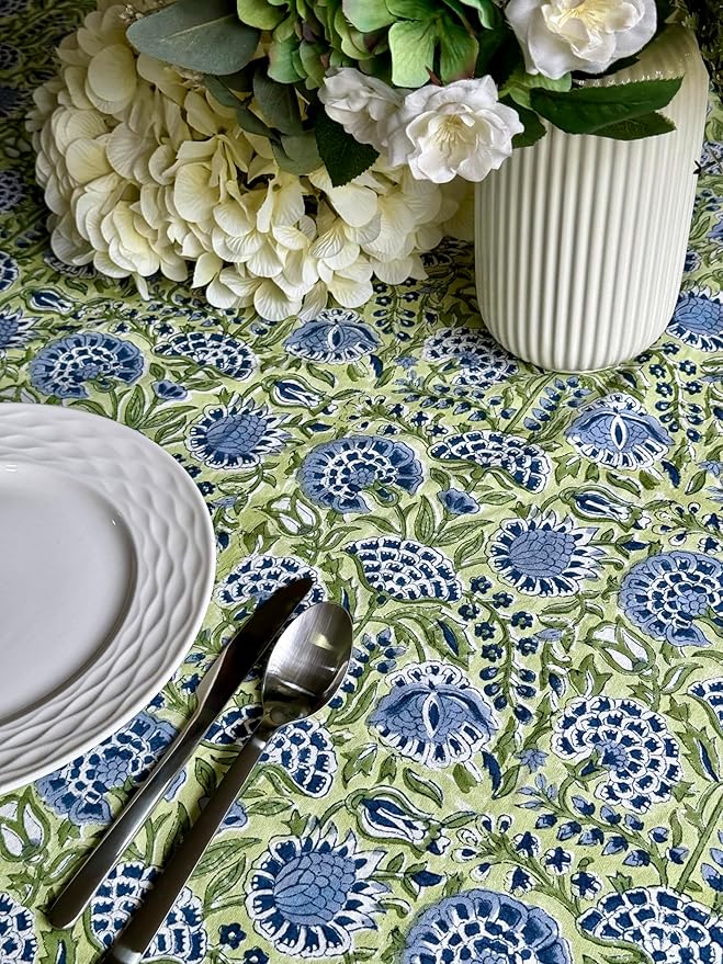 ATOSII Amara 100% Cotton Round Summer Tablecloth, Handblock Print Floral Table Cloth for Kitchen Dining Linen I Parties, Weddings, Outdoors I Grand Millennial Farmhouse Home Decor 90" Inches Round