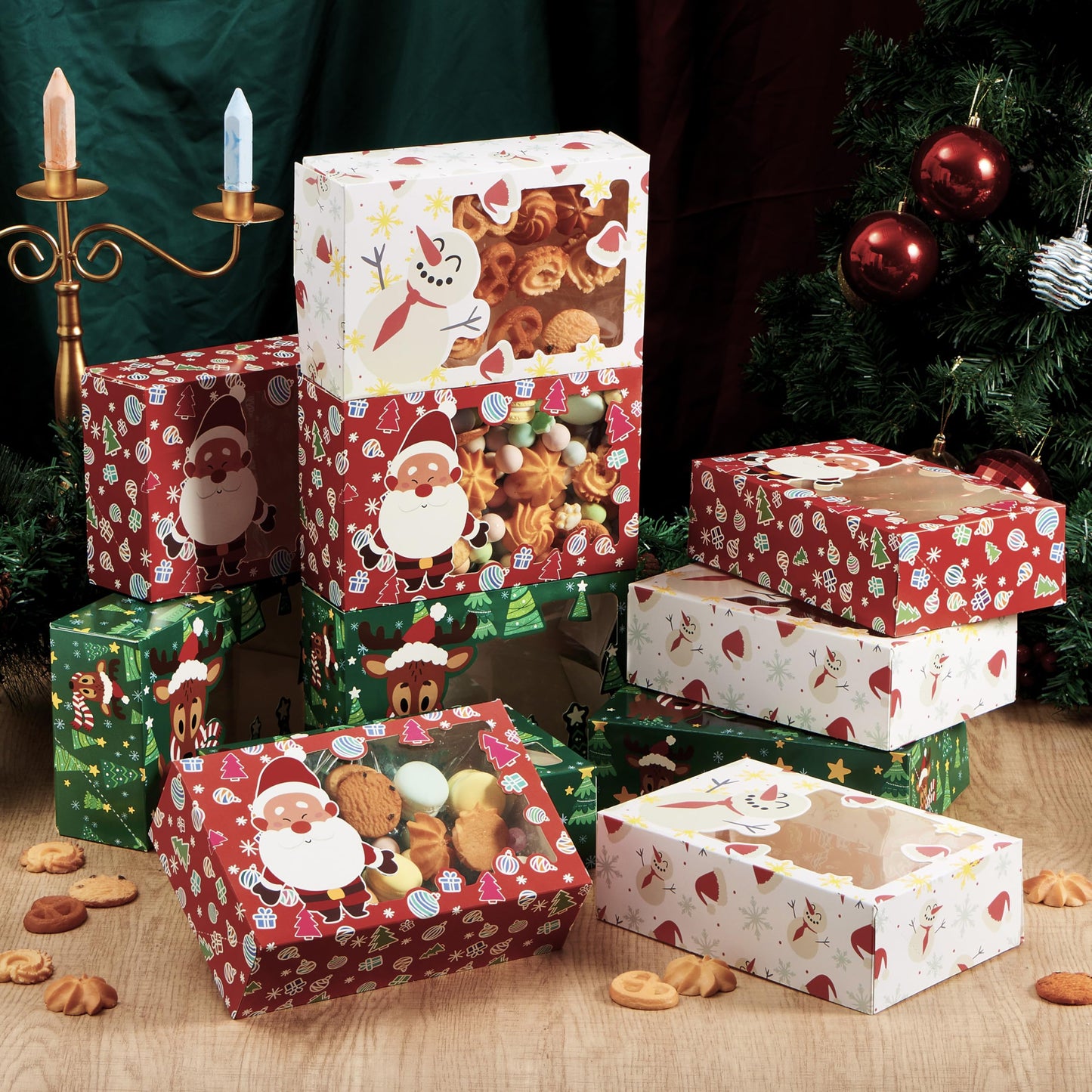 JOYIN 24 PCS Christmas Foil Treats Cookie Gift Boxes (8.75" x 5.75" x 2.75") Colorful Pattern Bakery Box with Window for Xmas Holiday Birthday Party Pastries, Cupcakes, Brownies, Donuts Gift-Giving