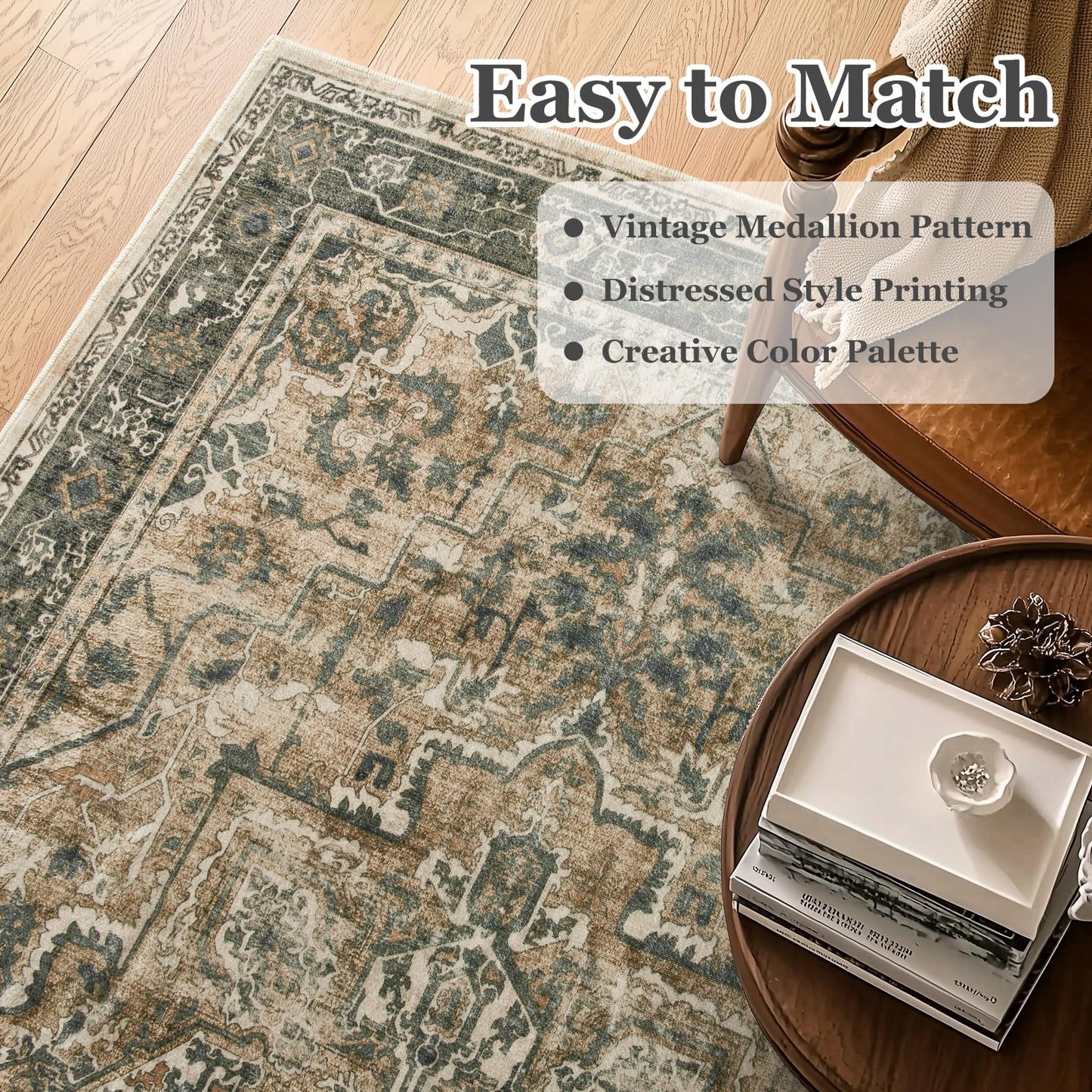 Jainmy Vintage Distressed 5x7 Area Rugs for Living Room Bedroom Non Slip Washable, Medallion Pattern Printed Low Pile Thin Carpet Rugs for Dining Room/Kitchen/Home Office, Multi Brown Olive Accents