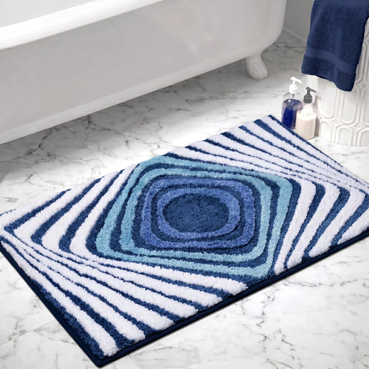Cevolyn Funky Blue Bathroom Rug, Absorbent Non Slip High Pile Tufted Bath Mat with 3D Striped Pattern, Plush Microfiber Shower Rug for Bathroom Sink, Tub, Machine Washable, 16"x24"