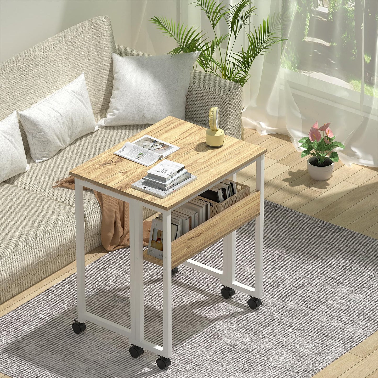 GreenForest Folding Desk Small Rolling Desk with Storage Shelf,24.8 inch Foldable Computer Desk with Wheels for Small Space,Easy Assembly,Oak