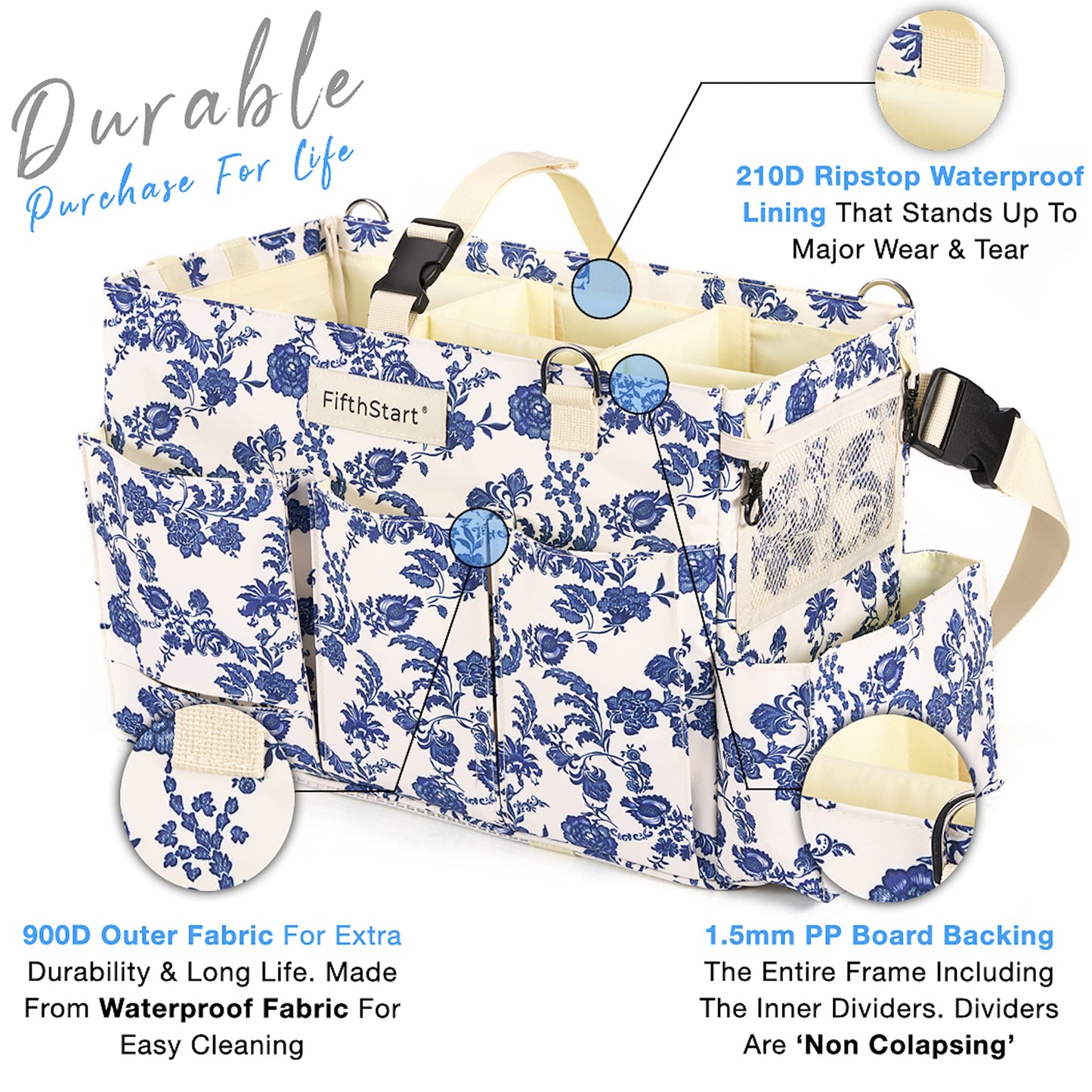 FifthStart Multiuse Large Blue Floral Diaper Caddy with Waist, Shoulder Strap, 9 Pockets, Mesh Base, and Adjustable Compartments