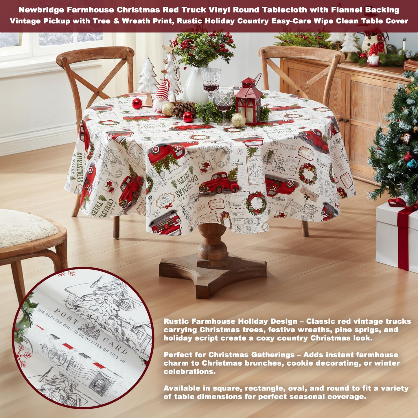 Newbridge Farm Fresh Christmas Tree Vinyl Tablecloth with Flannel Backing, Vintage Retro Holiday Print, Wipe Clean, 70 Inch Round
