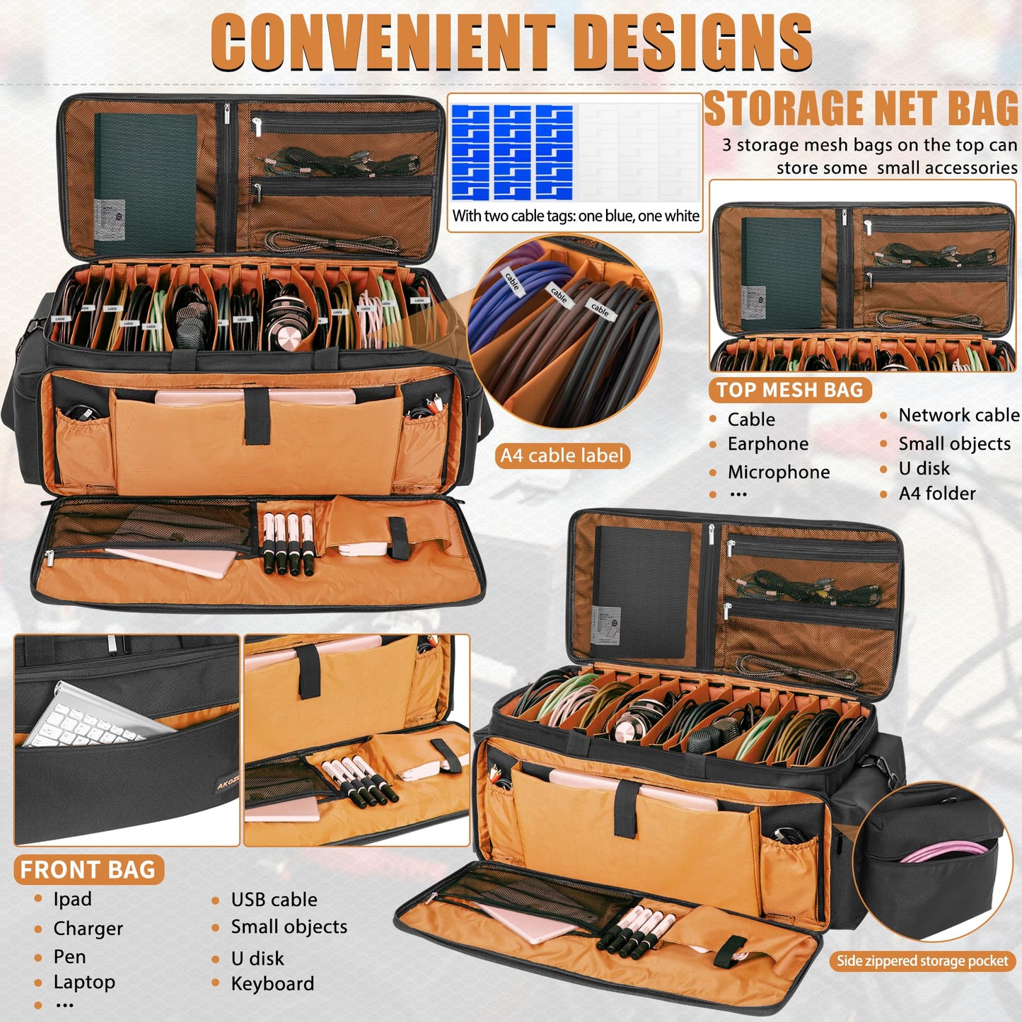 AKOZLIN Cable File Bag with Detachable Dividers, DJ Gig Bag Cord Organizer Case for Laptop,DJ Gear, Sound Instrument and Music Equipment Accessories Black Orange