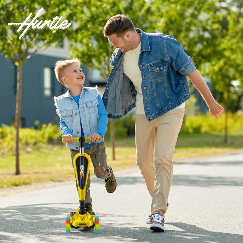 Hurtle 3 Wheeled Scooter for Kids - 2-in-1 Sit/Stand Child Toddlers Toy Kick Scooters w/ Flip-out Seat, Adjustable Height, Flashing Wheel Lights, Great for Indoor/Outdoor Fun, Yellow