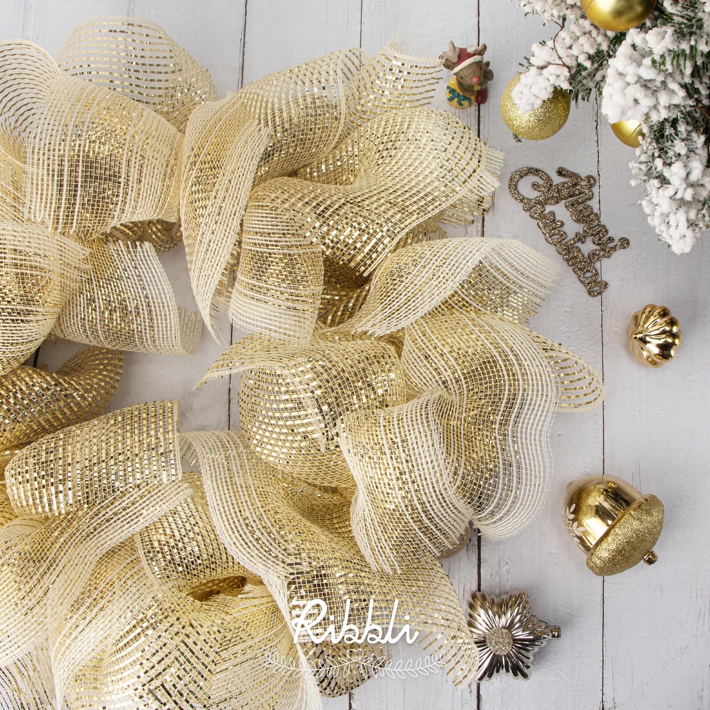 Ribbli Champagne Gold Metallic Mesh Ribbon Champagne Gold Deluxe Foil Christmas Ribbon for Christmas Tree Wreath Swags Wedding Garland 10 inch x 30 feet(10Yard)
