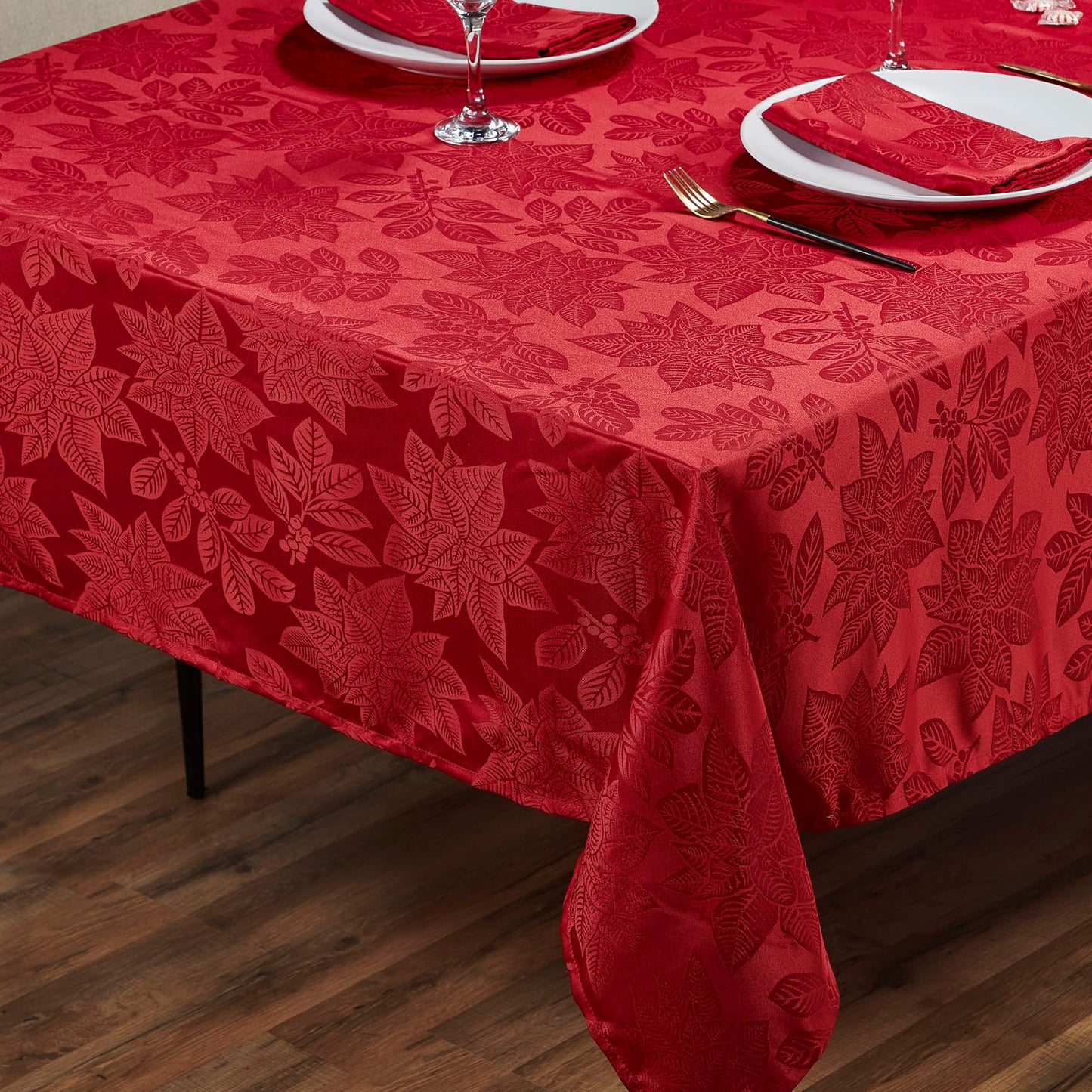 Kadut Christmas Tablecloth, Poinsettia Leaf Red Tablecloth (60 x 102 Inch) for 6 Foot Rectangle Tables, Heavy Duty Fabric, Table Cloth for Harvest, Xmas Holiday, Winter, and Parties Table Cover