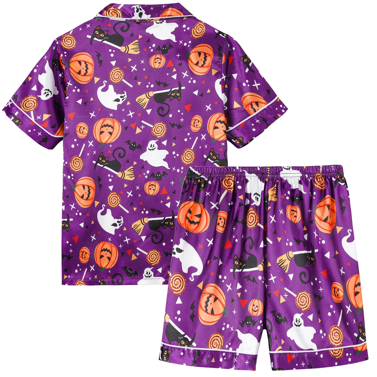 Vopmocld Unisex Kids Girls Boys 3PCS Satin Pajamas Set Button Down Short Sleeve Long Pants and Shorts Silky Nighty Lounge Sleepwear, Halloween Purple, 10