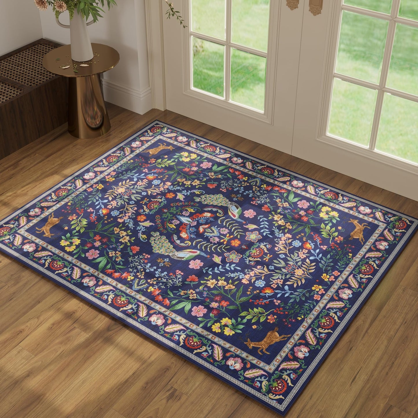 Rugcomf Round Rug 4ft Washable Circle Rug Floral Non Slip Low Pile Small Circular Rug for Bedroom, Bathroom, Entryway, Kids Room, Office(Blue)