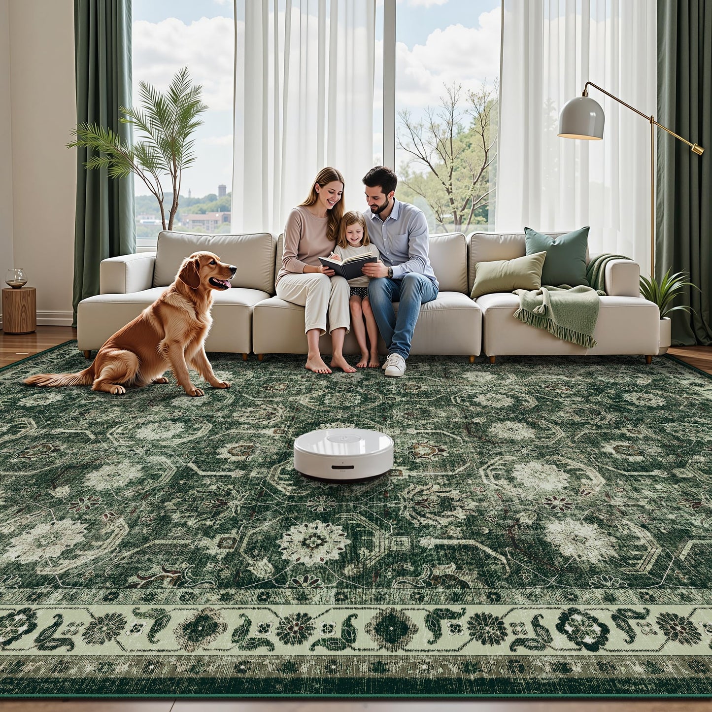 Woodbruy 6x6 Square Area Rug, Soft Non Slip Low Pile Washable Rug, Boho Modern Area Rug for Living Room,Bedroom, Laundry Room, Dark Green/Beige