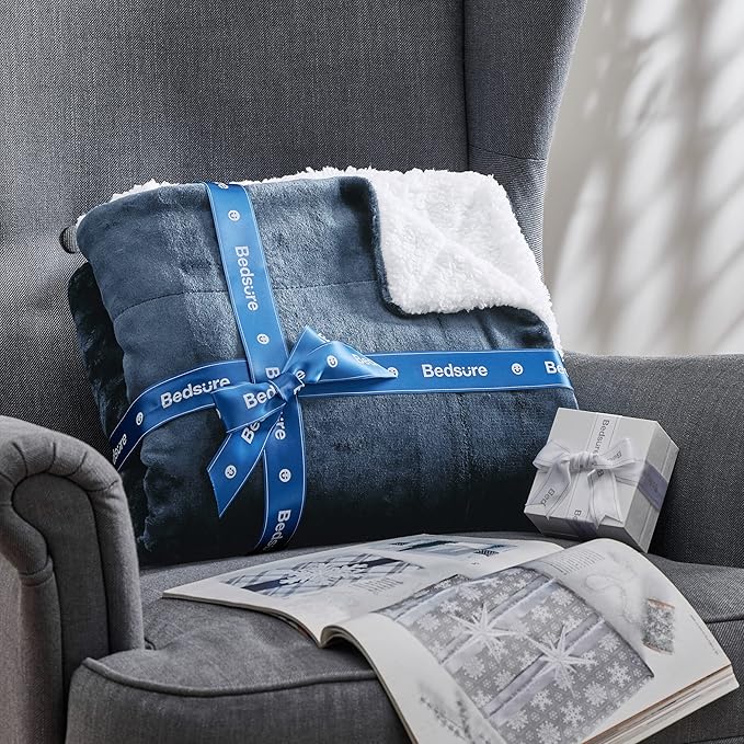 Bedsure GentleSoft Sherpa Fleece Throw Blanket for Couch - Thick and Warm Throw for Men, Soft Fuzzy Plush Blanket for Winter, Slate Blue, 50x60 Inches