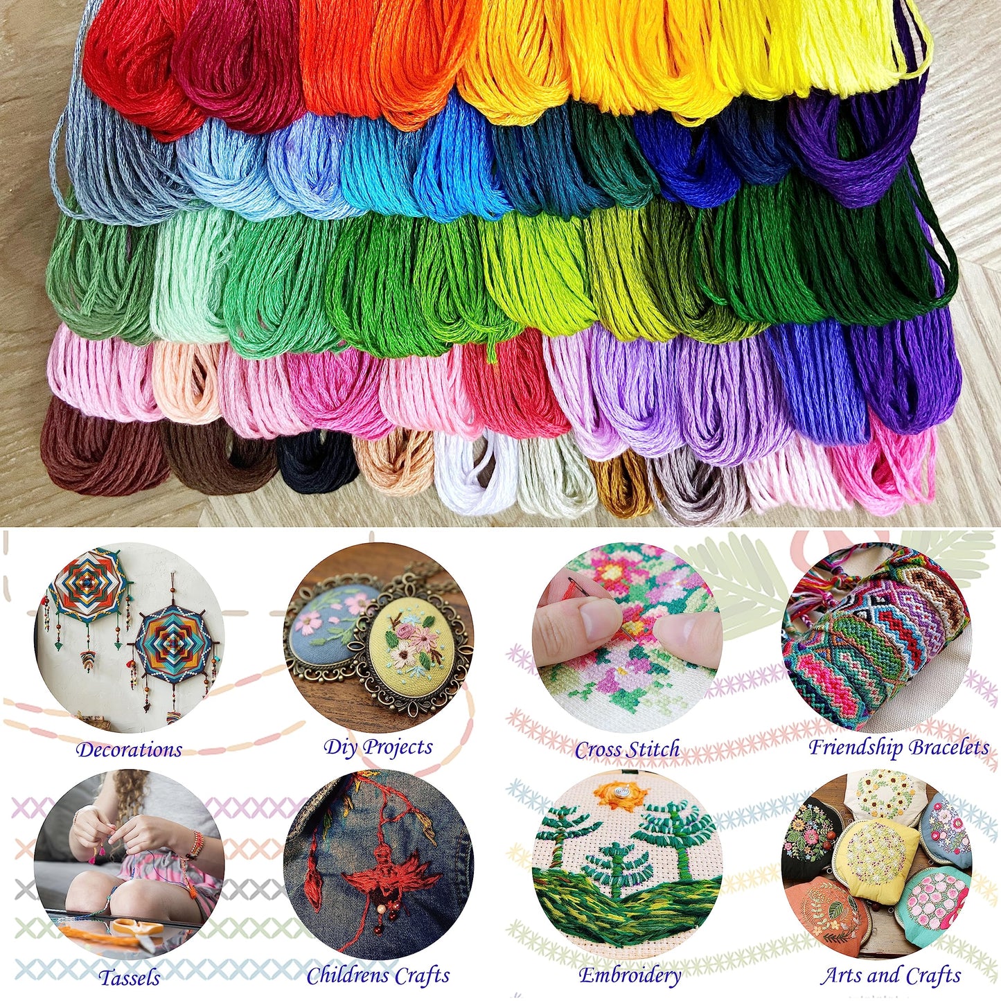 ATDAWN Rainbow Color Embroidery, Cross Stitch Threads, Bracelets, Crafts Floss, 50 Count