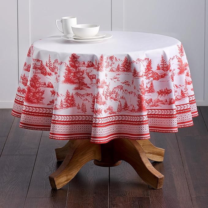 Maison d' Hermine Table Cloth Round Table 100% Cotton 63 Inches Fall Tablecloth Reusable Everyday Use for Thanksgiving Christmas Decorations Dining Farmhouse Party (Winter Jouy)
