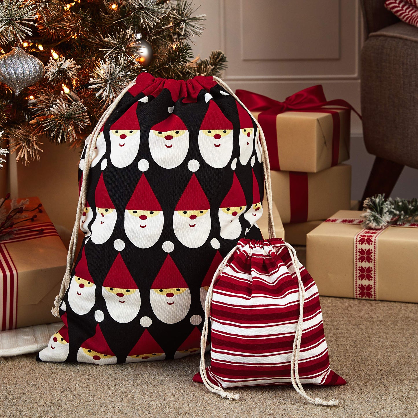 Hallmark Drawstring Christmas Gift Bag Set (2 Fabric Bags with Drawstrings; 1 Medium 10", 1 Extra Large 20") Santa, Red and White Stripe, 5XGB4902