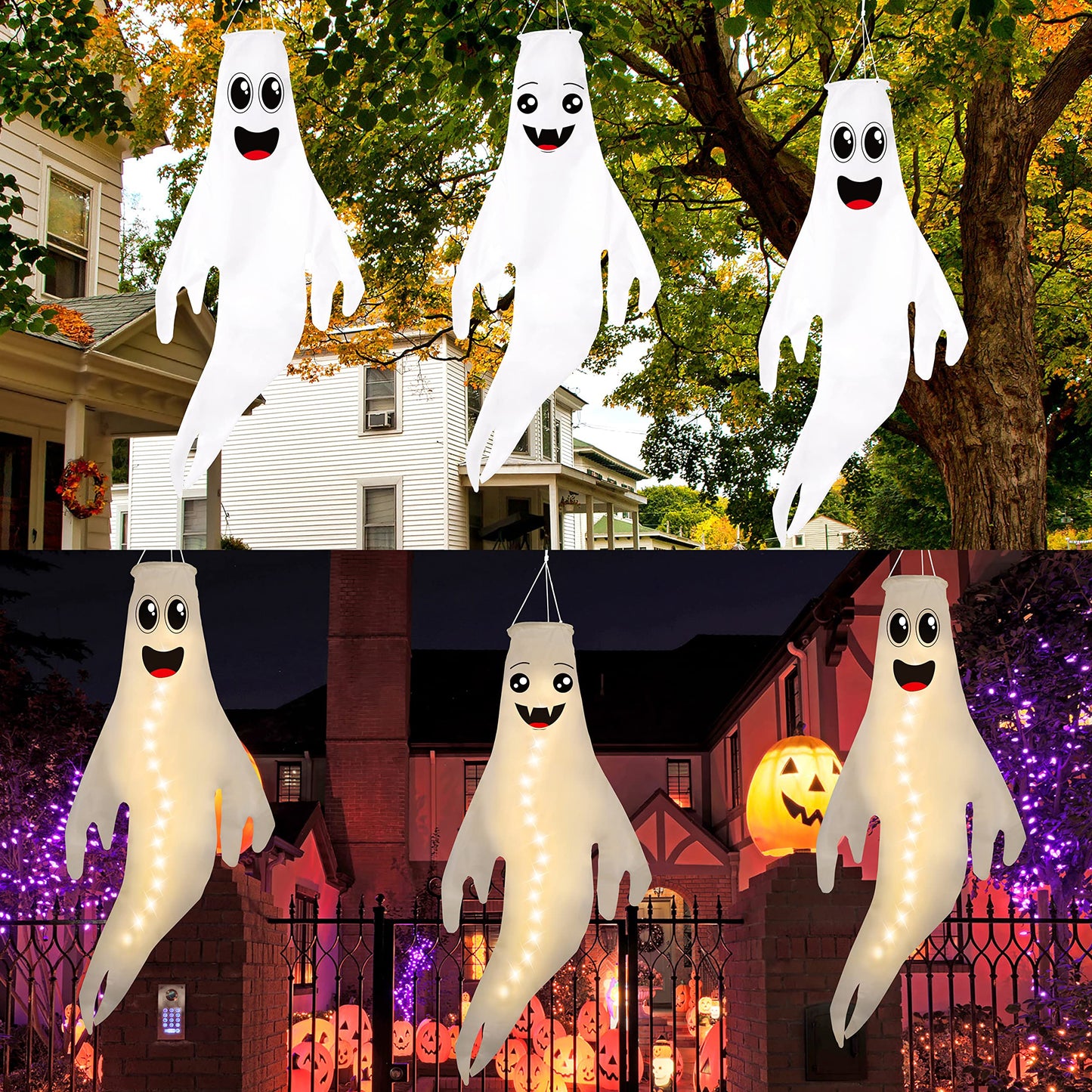3PCS 43 Inch Halloween Ghost Windsocks Hanging Decorations - Flag Wind Socks for Home Yard Outdoor Decor Party Supplies (Batteries Not Included,No Timer)