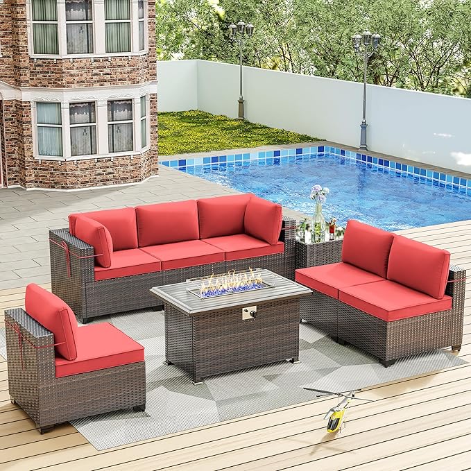 ALAULM 8 Pieces Patio Furniture Set with Propane Fire Pit Table Outdoor Patio Furniture Outdoor Sectional 55000 BTU Gas Fire Pit Brown PE Rattan Patio Conversation Set w/6 Cushions-Red