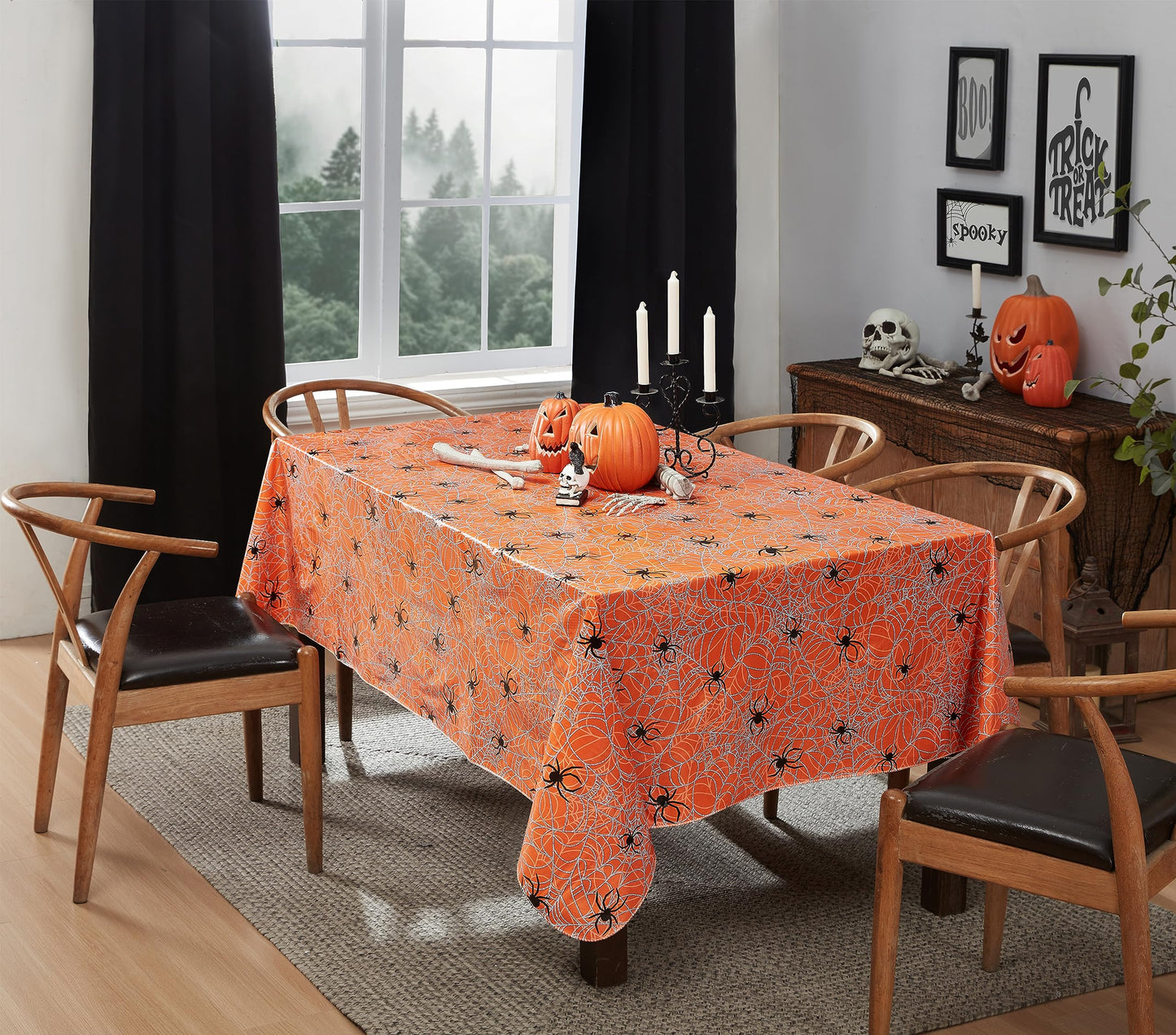 Newbridge Halloween Orange Scary Spiders Web 52 x 70 Inch Rectangle Vinyl Tablecloth with Flannel Backing