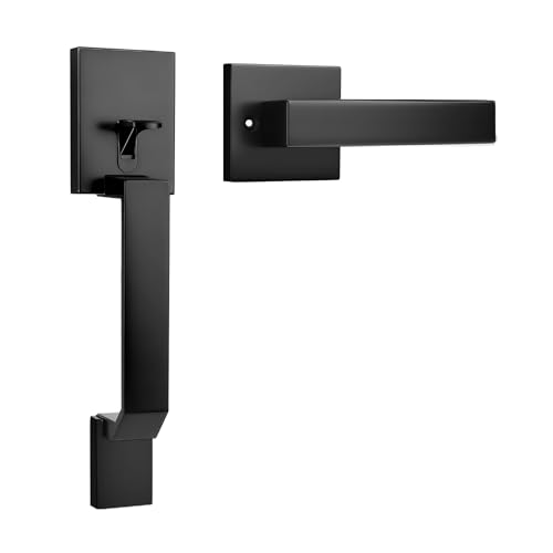 Probrico Matte Black Front Door Handleset,Modern Entry Door Handle with Reversible Lever,Square Passage Door Handle with No Lock